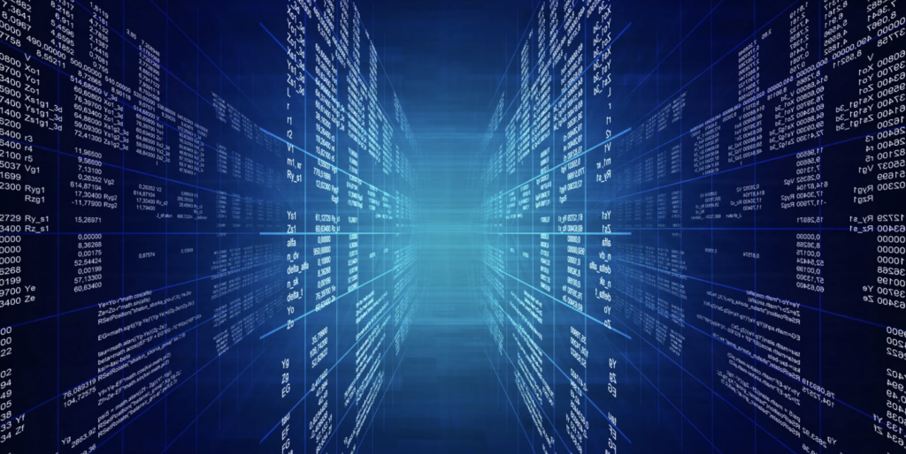 Streams of digital data converging toward a bright horizon, representing the technological singularity