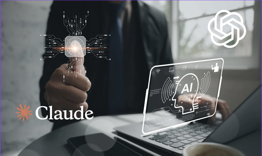 AI watermarking concept showing Claude and OpenAI logos over a laptop