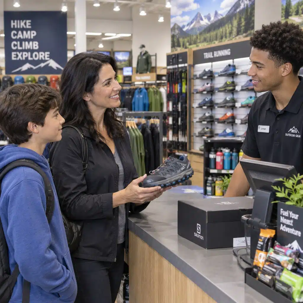 Mother and son shopping together in a brick and mortar sporting goods store