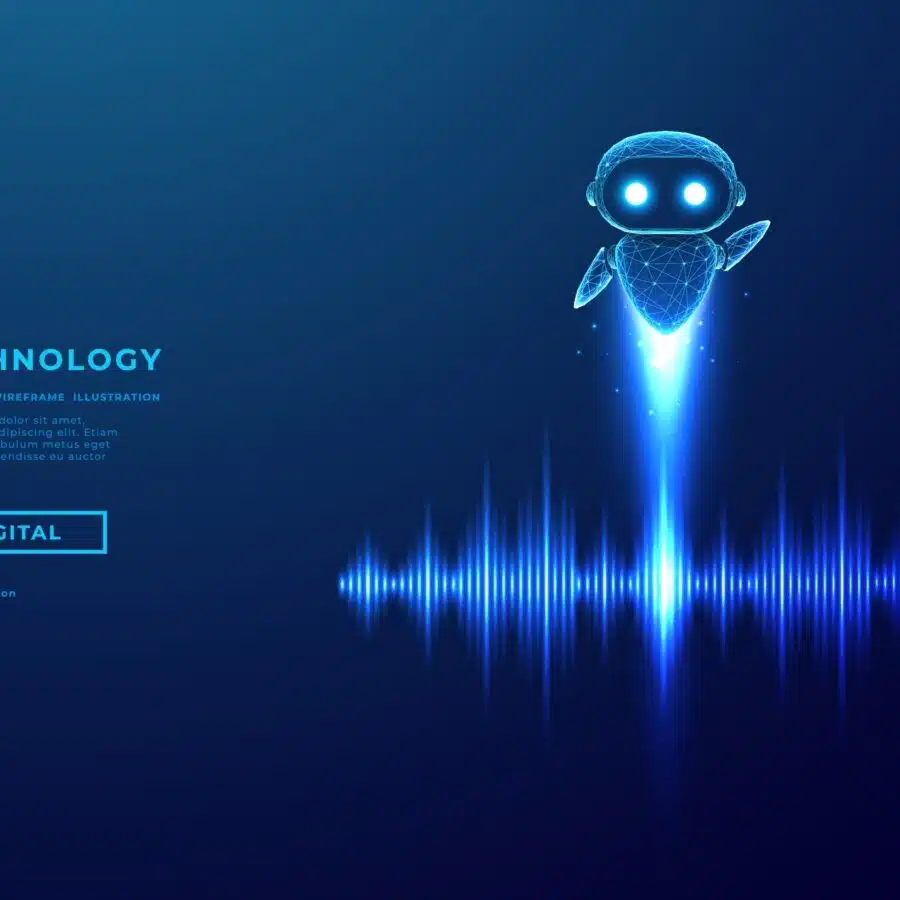 Abstract illustration of an AI agent rising over a sound wave