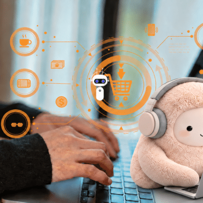 Illustration of a mascot wearing headphones at a laptop, representing an AI shopping agent like Meta Muse