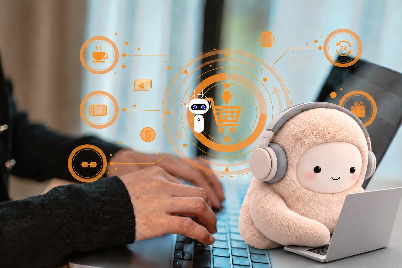 Illustration of a mascot wearing headphones at a laptop, representing an AI shopping agent like Meta Muse