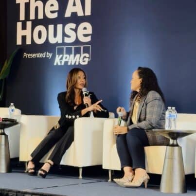 Susan Sly and Noelle Russell in a fireside chat on agentic AI safety on The AI House Stage, presented by KPMG, at AGENTIC AI North America